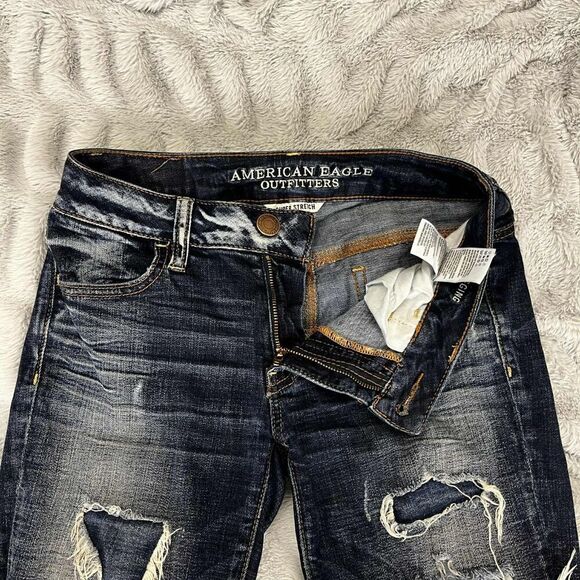 American Eagle Jeans Women 0 Jegging Super Stretch Distressed Dark Grunge Ripped - Picture 4 of 11